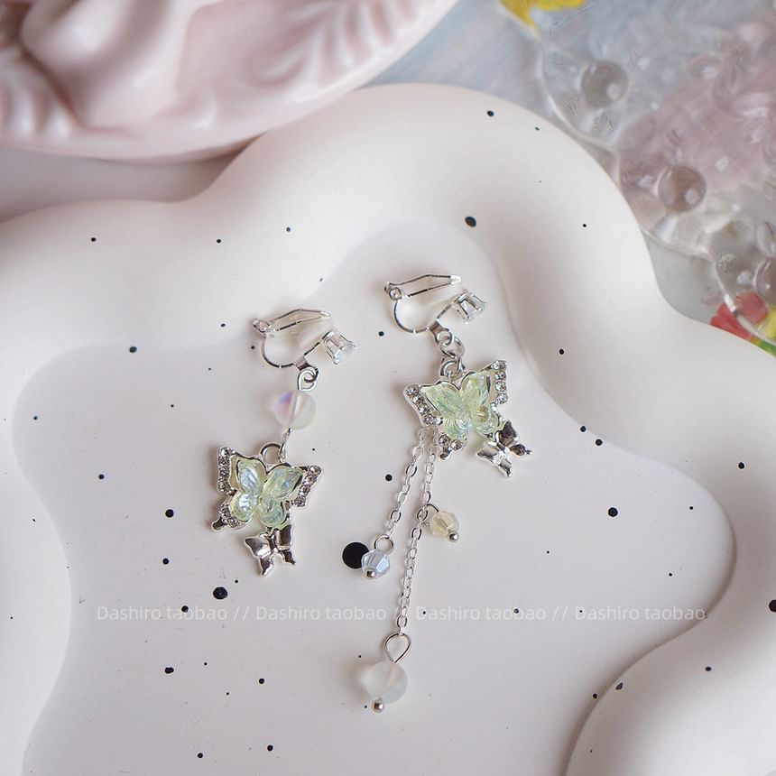 Beaded Dangle Butterfly Earring Clip / On