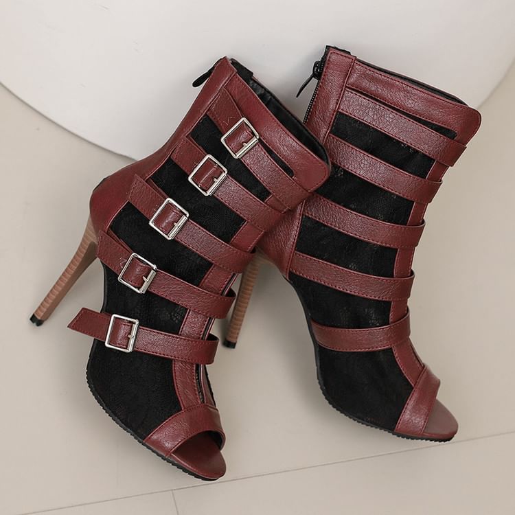 Peep-Toe Lace Panel High Heel Sandals