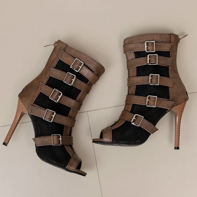 Peep-Toe Lace Panel High Heel Sandals