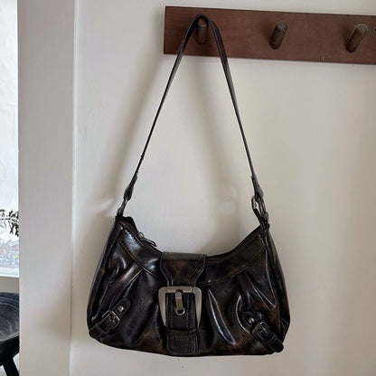 Plain Faux Leather Buckled Shoulder Bag