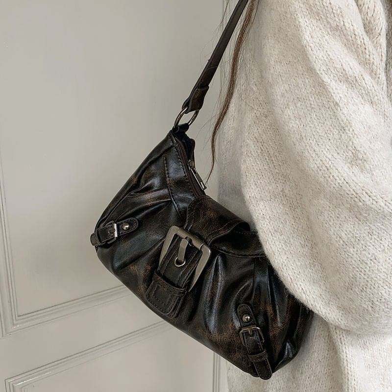 Plain Faux Leather Buckled Shoulder Bag