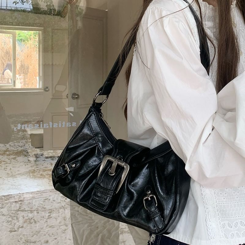 Plain Faux Leather Buckled Shoulder Bag
