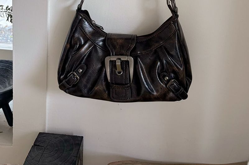 Plain Faux Leather Buckled Shoulder Bag