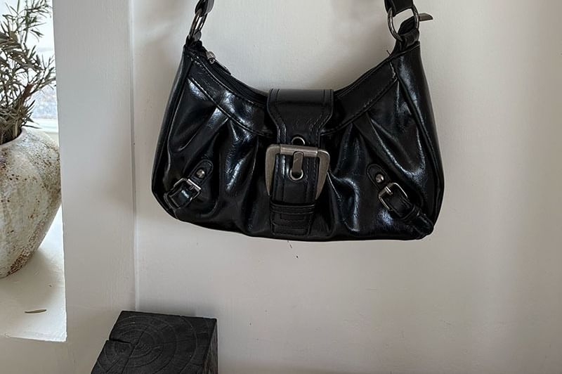 Plain Faux Leather Buckled Shoulder Bag