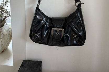 Plain Faux Leather Buckled Shoulder Bag
