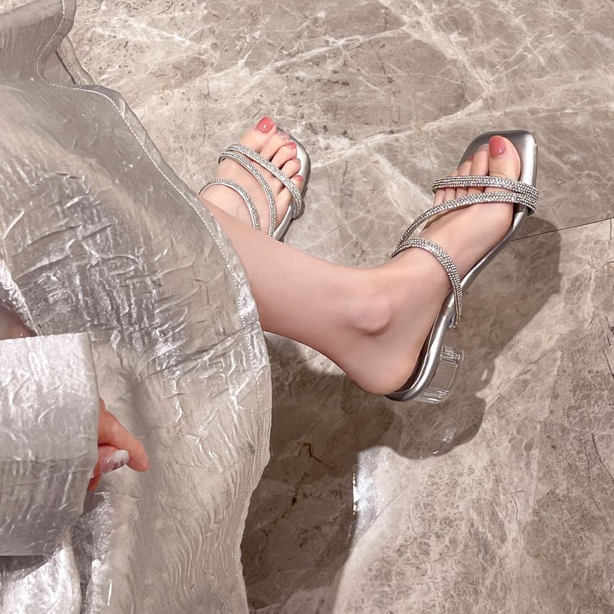 Rhinestone Block Heel Slide Sandals