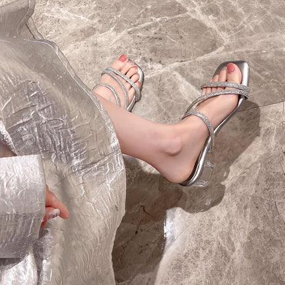 Rhinestone Block Heel Slide Sandals