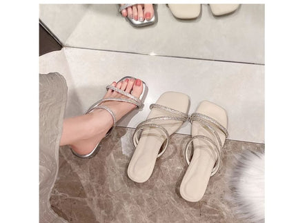 Rhinestone Block Heel Slide Sandals