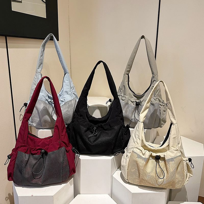 Drawstring Panel Mesh Shoulder Bag
