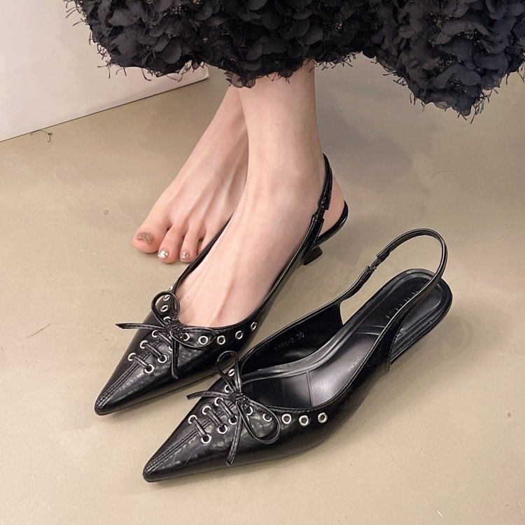 Kitten Heel Pointed Toe Faux Leather Slingback Sandals