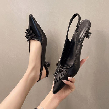 Kitten Heel Pointed Toe Faux Leather Slingback Sandals