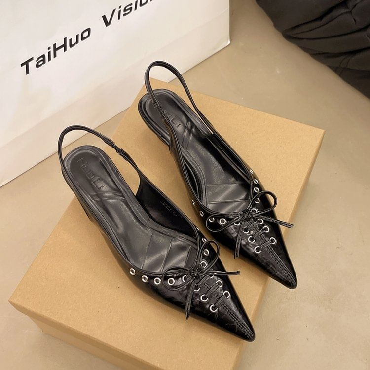 Kitten Heel Pointed Toe Faux Leather Slingback Sandals