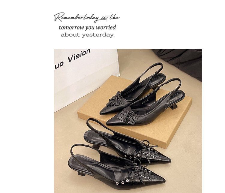 Kitten Heel Pointed Toe Faux Leather Slingback Sandals