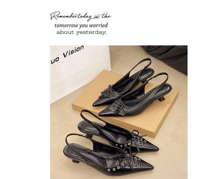 Kitten Heel Pointed Toe Faux Leather Slingback Sandals
