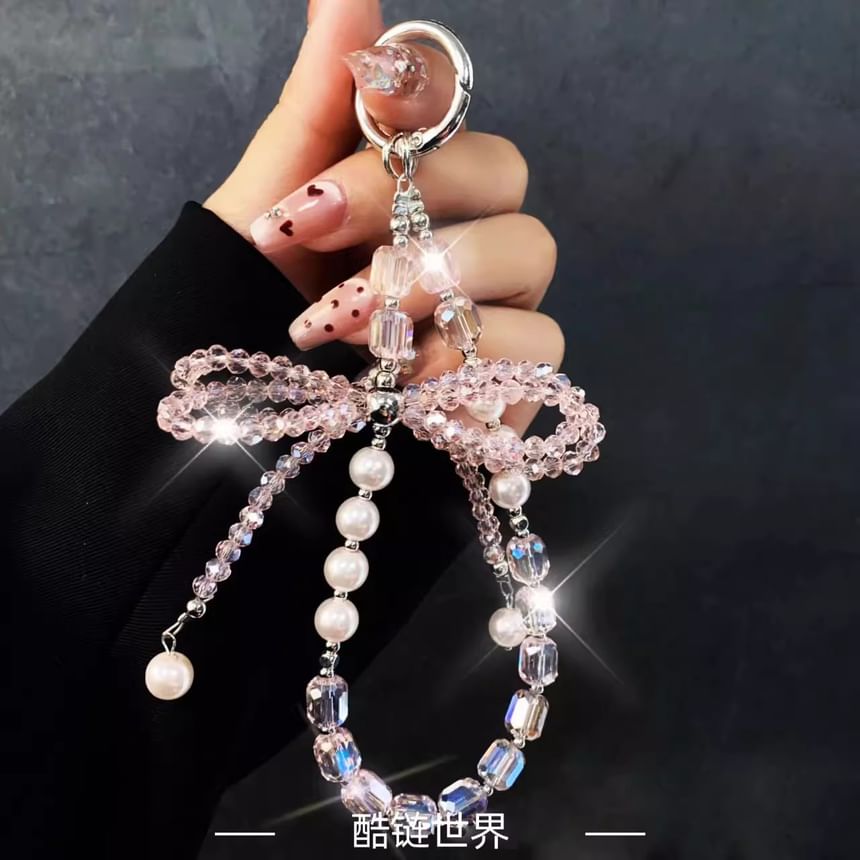 Crystal Lanyard with Faux Strap Bow Phone Pad Pearl