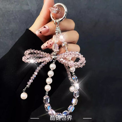 Crystal Lanyard with Faux Strap Bow Phone Pad Pearl