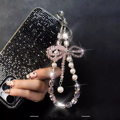 Crystal Lanyard with Faux Strap Bow Phone Pad Pearl