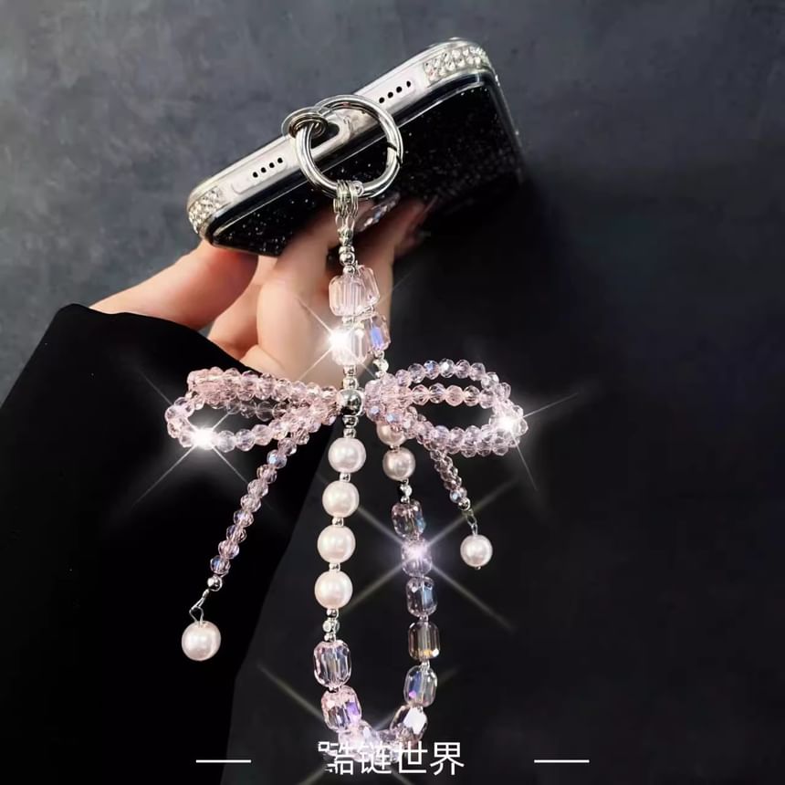Crystal Lanyard with Faux Strap Bow Phone Pad Pearl