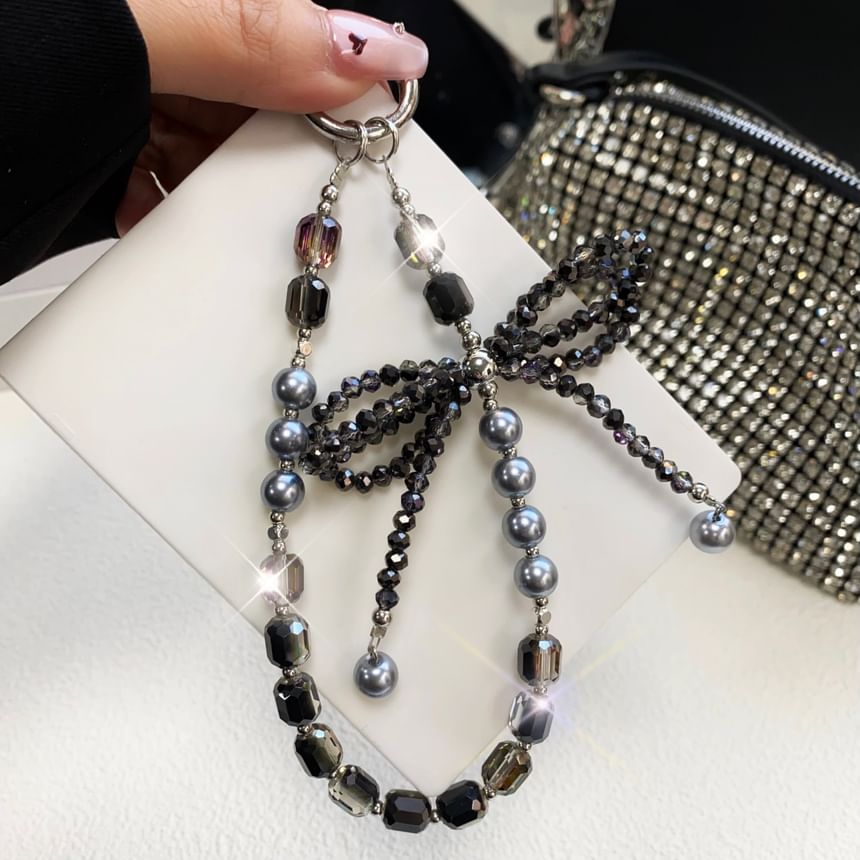 Crystal Lanyard with Faux Strap Bow Phone Pad Pearl