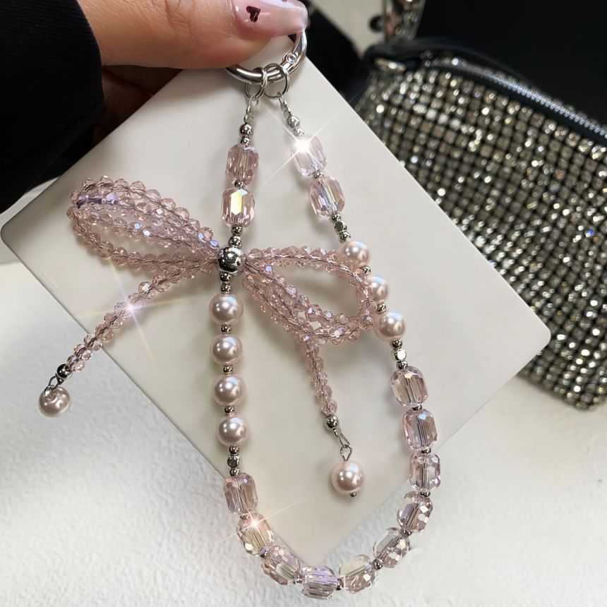 Crystal Lanyard with Faux Strap Bow Phone Pad Pearl