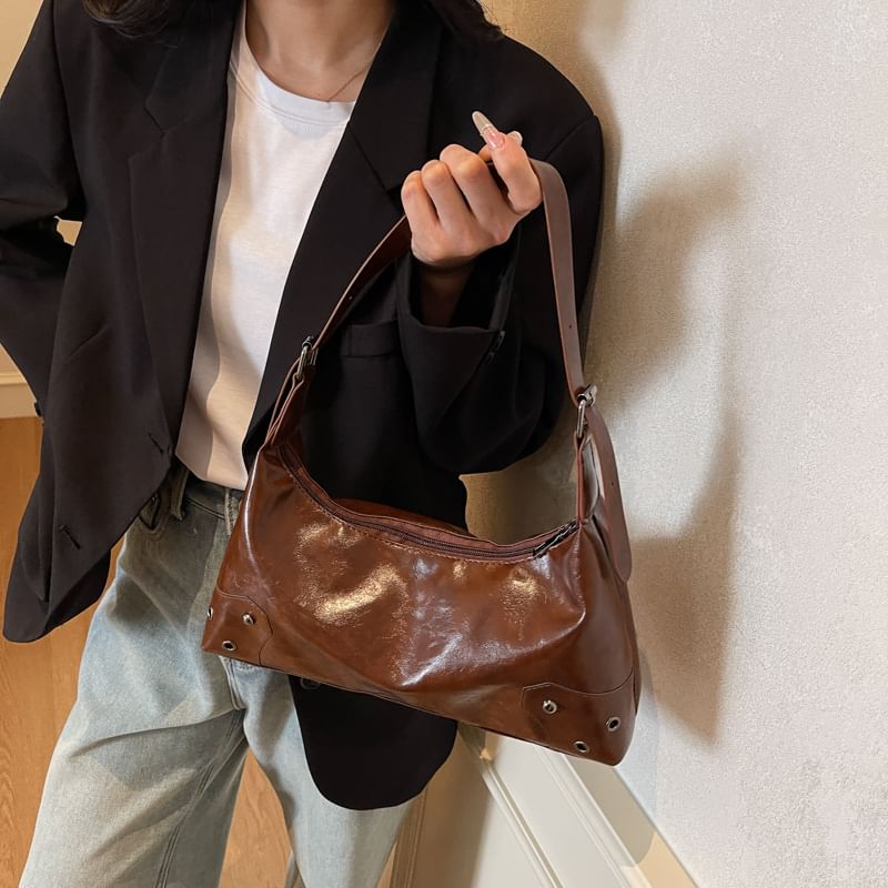 Faux Leather Grommet Shoulder Bag