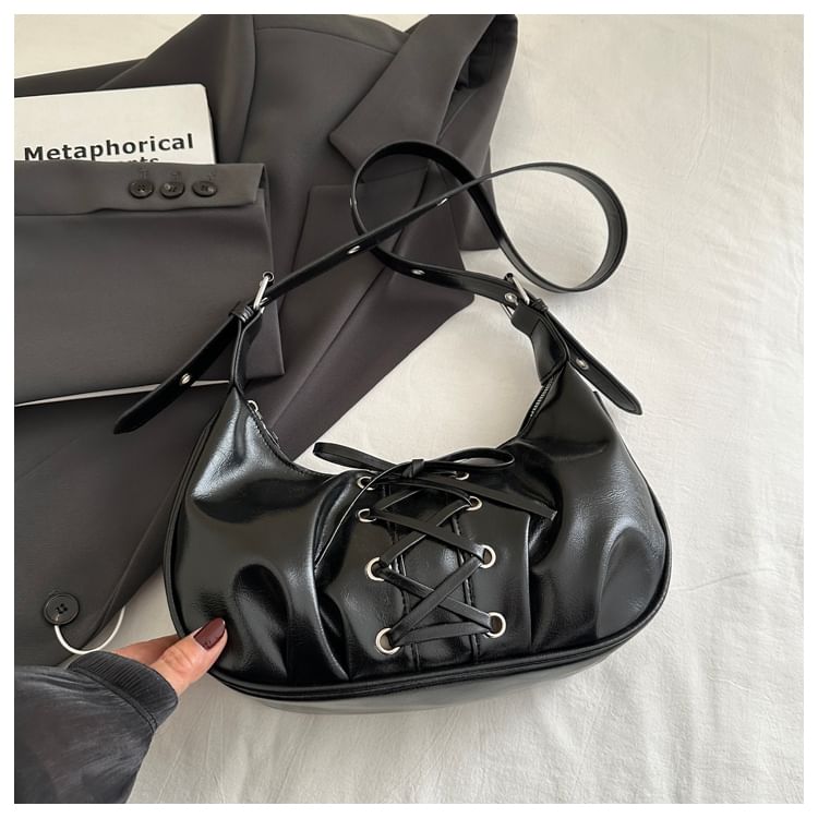 Faux Leather Lace-Up Shoulder Bag