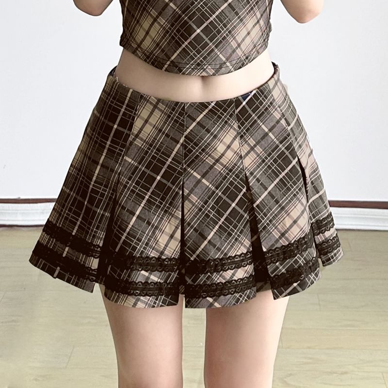 Plaid Lace Trim V-Neck Crop Top Mini Pleated Skirt