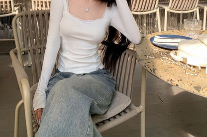 Square-Neck Bowknot Lace-Trim Tee