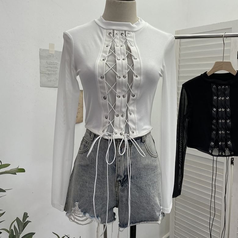 Crew-Neck Lace-Up Mesh Crop Long-Sleeve Top
