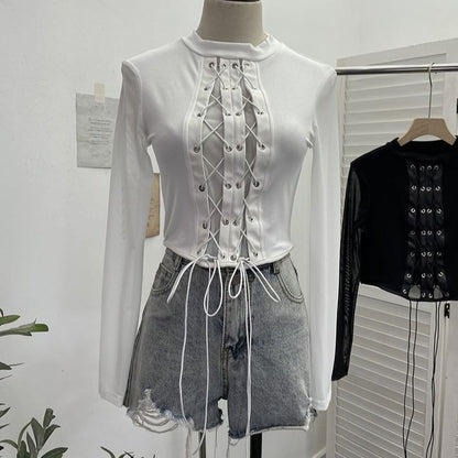 Crew-Neck Lace-Up Mesh Crop Long-Sleeve Top