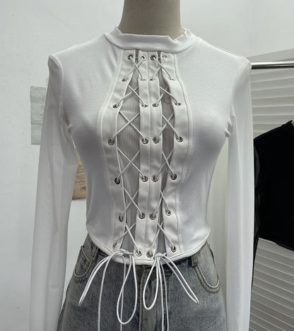 Crew-Neck Lace-Up Mesh Crop Long-Sleeve Top