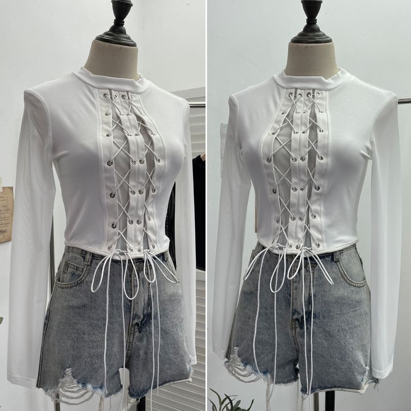 Crew-Neck Lace-Up Mesh Crop Long-Sleeve Top
