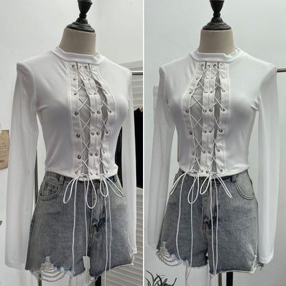 Crew-Neck Lace-Up Mesh Crop Long-Sleeve Top
