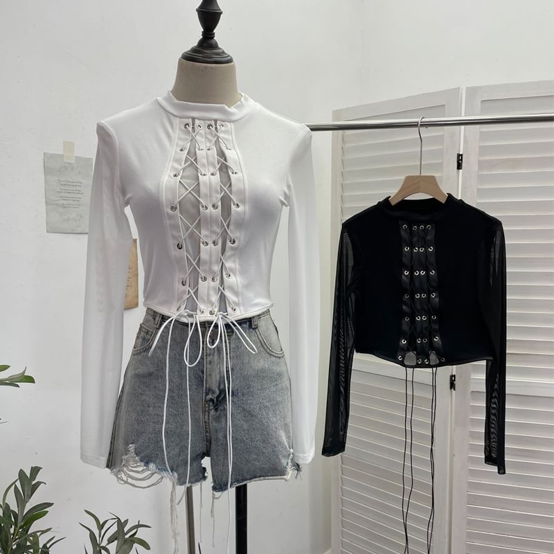 Crew-Neck Lace-Up Mesh Crop Long-Sleeve Top