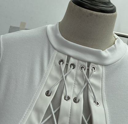 Crew-Neck Lace-Up Mesh Crop Long-Sleeve Top