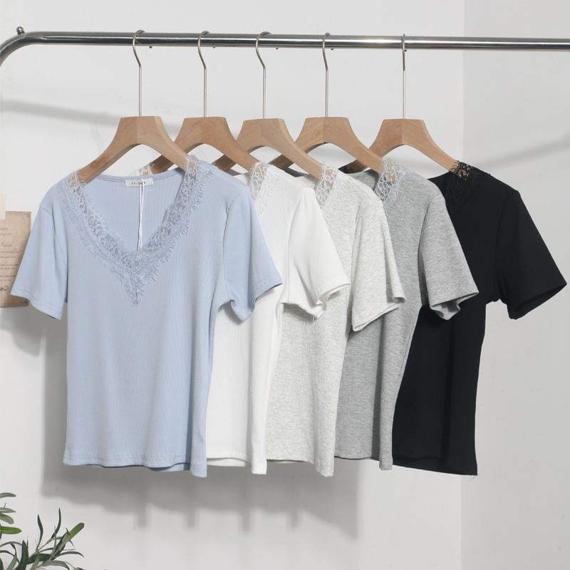 Short-Sleeve Lace-Trim Slim V-Neck Tee