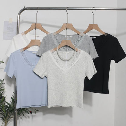Short-Sleeve Lace-Trim Slim V-Neck Tee