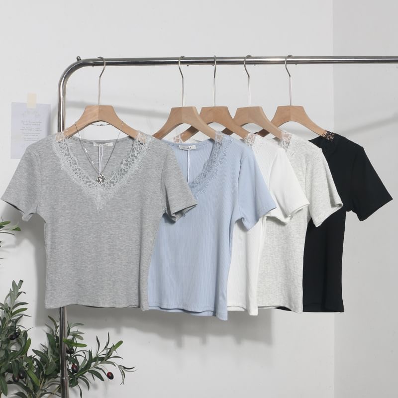 Short-Sleeve Lace-Trim Slim V-Neck Tee