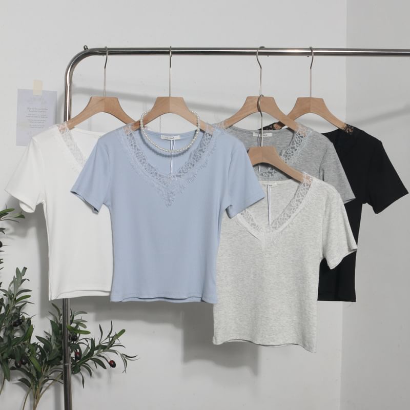 Short-Sleeve Lace-Trim Slim V-Neck Tee