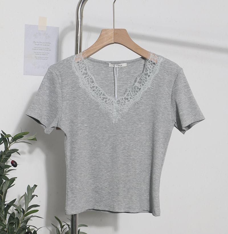 Short-Sleeve Lace-Trim Slim V-Neck Tee
