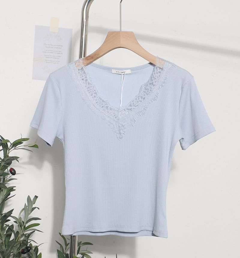 Short-Sleeve Lace-Trim Slim V-Neck Tee
