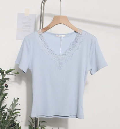 Short-Sleeve Lace-Trim Slim V-Neck Tee