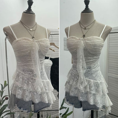 Asymmetric Ruffle Padded Lace Cami