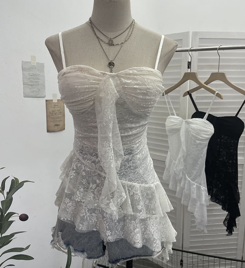 Asymmetric Ruffle Padded Lace Cami
