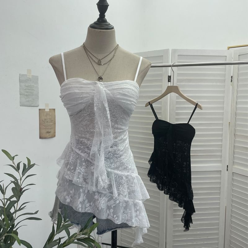 Asymmetric Ruffle Padded Lace Cami
