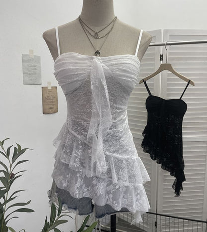 Asymmetric Ruffle Padded Lace Cami