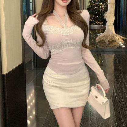 Halter Lace Panel Crop Tee & High-Waist Skirt