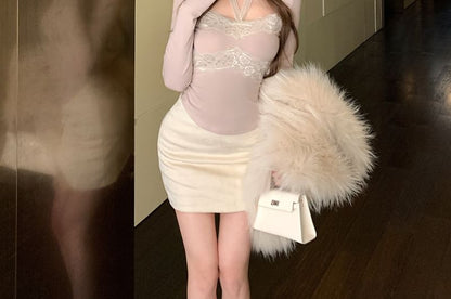 Halter Lace Panel Crop Tee & High-Waist Skirt