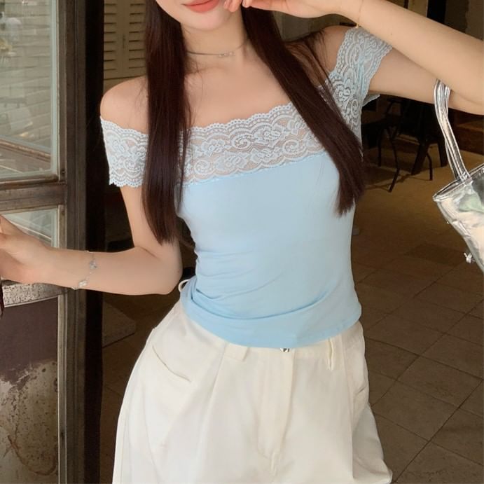 Off-Shoulder Lace-Trim Short-Sleeve Top