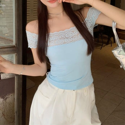 Off-Shoulder Lace-Trim Short-Sleeve Top